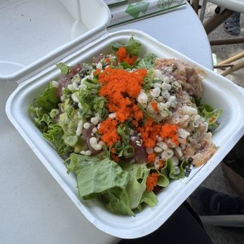 Off the Hook Poke Market - Mini size salad as base with spicy ahi and cold ginger ahi. - Poke Near Me - Honolulu, Hawaii Off the Hook Poke Market - Mini size salad as base with spicy ahi and cold ginger ahi. - Poke Near Me - Honolulu, Hawaii