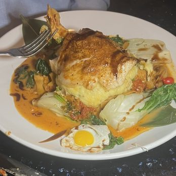 Poor Calvin's - PAN SEARED SEA BASS Sun dried tomatoes, artichoke heart Blanco, quail egg. - Asian Fusion Near Me - Atlanta, Georgia