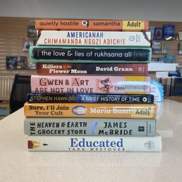 A stack of nine used books purchased at Rose City Reads.
