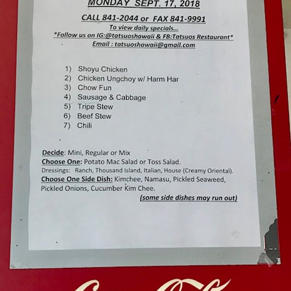 Tatsuo's - Monday menu....so old school style! - Breakfast & Brunch Near Me - Honolulu, Hawaii Tatsuo's - Monday menu....so old school style! - Breakfast & Brunch Near Me - Honolulu, Hawaii