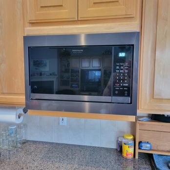Altec Construction - built-in microwave with maple trim filling gap above microwave - General Contractors Near Me - Sacramento, California Altec Construction - built-in microwave with maple trim filling gap above microwave - General Contractors Near Me - Sacramento, California