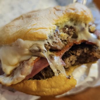 Food Freaks Unique Burger - Double Godfather - salami, pepperoni and mozzarella (I chose to get the creamy garlic pesto on the side.) - Food Trucks Near Me - Mocksville, North Carolina