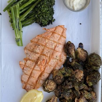 Fish 101 - Salmon plate w/broccolini and brussel sprouts - Fish & Chips Near Me - Cardiff, California