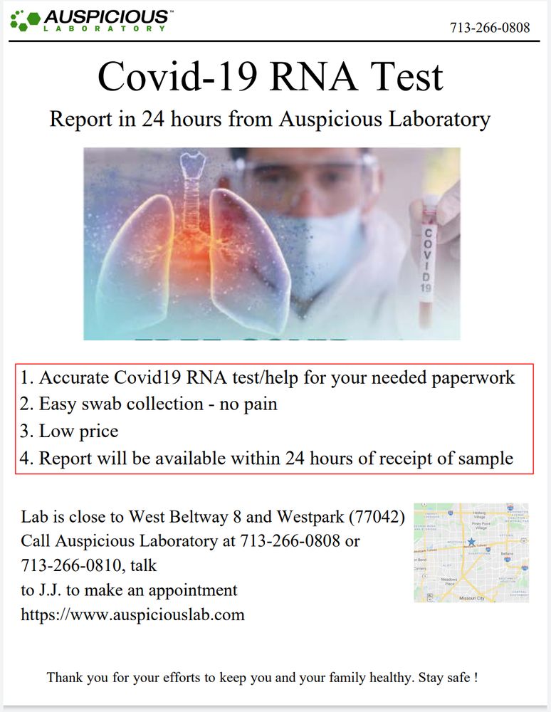 AUSPICIOUS LABORATORY Updated August 2024 3707 Westcenter Dr, Houston, Texas Laboratory