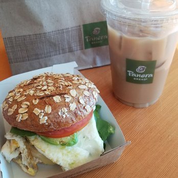 Panera Bread - Avocado, egg white and spinach sandwich + iced chai tea latte with almond milk = perfectly delicious! - Soup Near Me - Barstow, California