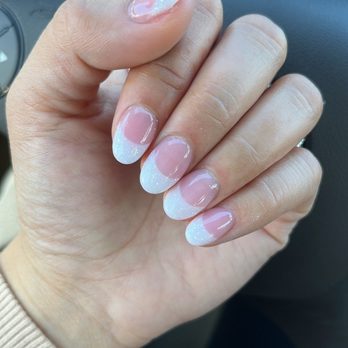 Beaute Nail & Spa - Short almond acrylics French set with white glitter tips! - Nail Salons Near Me - Gilbert, Arizona Beaute Nail & Spa - Short almond acrylics French set with white glitter tips! - Nail Salons Near Me - Gilbert, Arizona