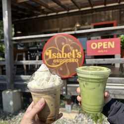 Isabel's Espresso - Pistachio white chocolate mocha, rosey matcha - IG @bougiefoodieboi