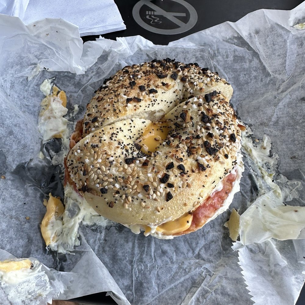 Bagel Bin - Bacon egg and cheese with jalapeño cream cheese on an everything bagel - Bagels Near Me - Huntersville, North Carolina