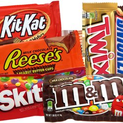 We have your favorite candies like Kit Kat, Reese's Peanut Butter Cups, Twix, Snickers, Skittles, M&M's and more.
