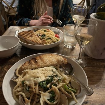 The Maine Catch - Bucatini and Clams up close and shrimp scampi add veggies far. We also had the clam chowder and calamari. - Seafood Near Me - Ogunquit, Maine