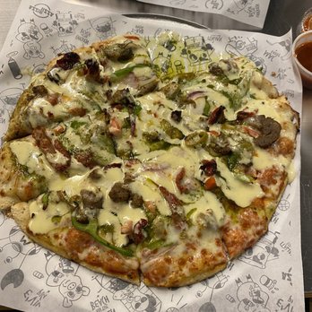 Azzip Pizza - Cheese,  meatballs crumbled, onions, green peppers, mushrooms, extra cheese on top and pesto and garlic butter on top after it was cooked - Salad Near Me - Bowling Green, Kentucky