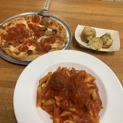 Enzo's Pizzeria - Penne with meatballs, pepperoni and sausage pizza, garlic knots.