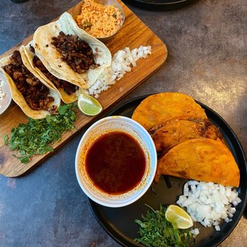 Casa Alejo - Queso Birria with Consume as well their Tacos de Calle served with rice and beans. - New Mexican Cuisine Near Me - Springdale, Arkansas