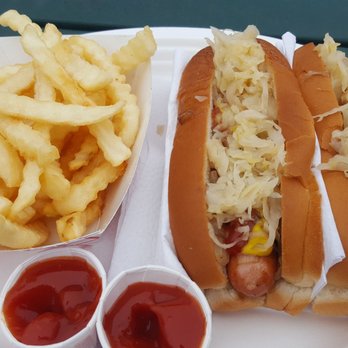 Wasses Hot Dogs - Can't wait to dive in. Two Kraut Dogs with fries. - Food Trucks Near Me - Belfast, Maine Wasses Hot Dogs - Can't wait to dive in. Two Kraut Dogs with fries. - Food Trucks Near Me - Belfast, Maine
