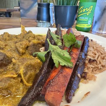 Island Soul Kitchen - Curry goat with rice and peas, and jerk carrots. - Soul Food Near Me - Sacramento, California