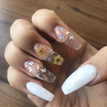 Professionail - White and clear acrylics with butterflies and dried flowers - Nail Salons Near Me - Long Beach, California