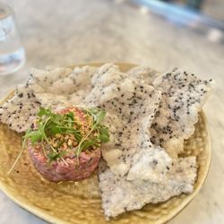 Death & Taxes - Beef Tartare, Red Curry, Smoked Peanuts, Sesame Rice Chip