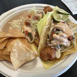 Where's the Fish?? The tacos were mostly all batter and very little fish if any. Not good, but they look pretty.