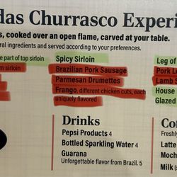 Espadas Brazilian Steakhouse - Highlighted in green is what was offered to the table, Those in red never made an appearance.
