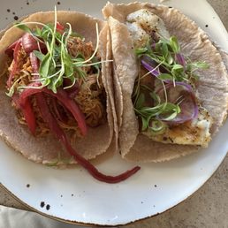 Fish and chicken taco on homemade Cassava Flour Tortillas