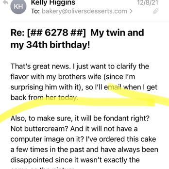 Oliver’s Desserts - My email to confirm that the cake would not be made with a computerized image and that it would have a 2D fondant buffalo bills logo on top - Bakeries Near Me - Cincinnati, Ohio Oliver’s Desserts - My email to confirm that the cake would not be made with a computerized image and that it would have a 2D fondant buffalo bills logo on top - Bakeries Near Me - Cincinnati, Ohio