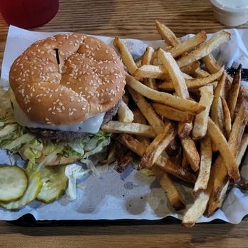 Carver Hangar - Swiss cheese hamburger with awesome fries - American Near Me - Damascus, Oregon
