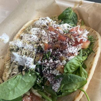 Hummus Way - Chicken pesto Open Face Pita - Mediterranean Near Me - Orange, California Hummus Way - Chicken pesto Open Face Pita - Mediterranean Near Me - Orange, California