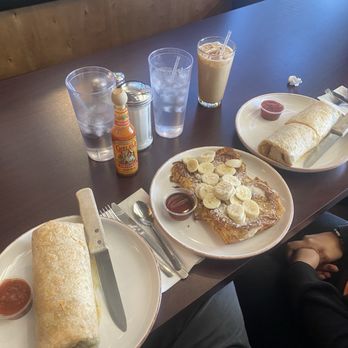 Silverback Breakfast & Cafe - Chorizo burrito, silverback French toast, egg and potato burrito with water and the Baboon late - Cafes Near Me - Vista, California Silverback Breakfast & Cafe - Chorizo burrito, silverback French toast, egg and potato burrito with water and the Baboon late - Cafes Near Me - Vista, California