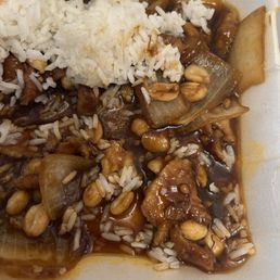 Kung Pao chicken. I excluded some vegetables. This dish is very tasty and has a nice cake to it.