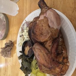 Half chicken with collards, and potato salad Half chicken with collards, and potato salad