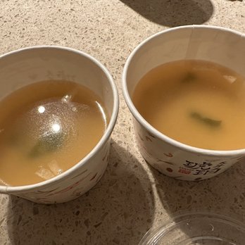 Tendon Kohaku - Very tasty miso soup but only half full - Japanese Near Me - Vancouver, British Columbia
