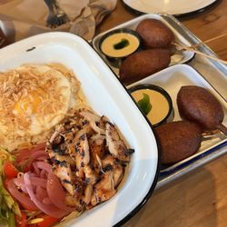 Grilled chicken Filipino Brunch Bowl and Longanisa Corn Dogs