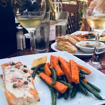 Tree House Cafe - Salmon with double veggies & William Hill Chardonnay - Mediterranean Near Me - Carmel, California Tree House Cafe - Salmon with double veggies & William Hill Chardonnay - Mediterranean Near Me - Carmel, California