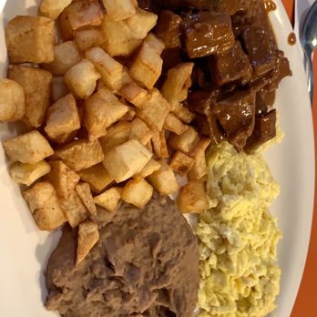 M & M Pinto Beans - El Potosino - breakfast special of the morning with carne guisada, beans, potatoes, and eggs your way. - New American Near Me - Victoria, Texas