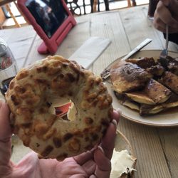 The Cabin - Cheddar Jalapeño bagel with cream cheese and Nutella pancakes with maple syrup
