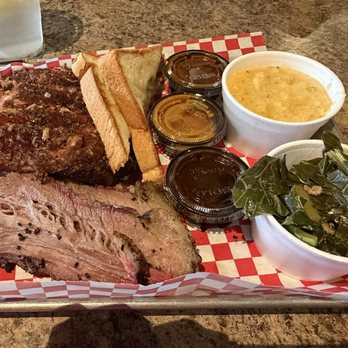 Summers Smokehouse - 2 meat Plate : Ribs & Brisket Sides : Collards & Cheese Grits - American Near Me - Tallahassee, Florida Summers Smokehouse - 2 meat Plate : Ribs & Brisket Sides : Collards & Cheese Grits - American Near Me - Tallahassee, Florida