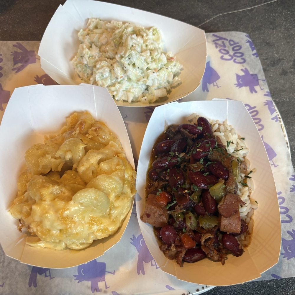 Cozy Coop - These sides  of mac and cheese, coleslaw, and red beans and rice  came with the two piece, white meat, fried chicken. - Southern Near Me - Marietta, Georgia