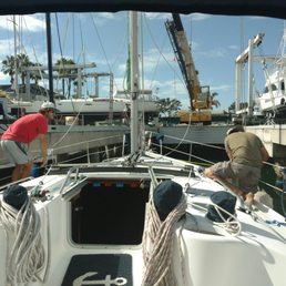 Rigworks crew pulling the mast. Was stepped perfectly after repair and rerig. Rigworks crew pulling the mast. Was stepped perfectly after repair and rerig.