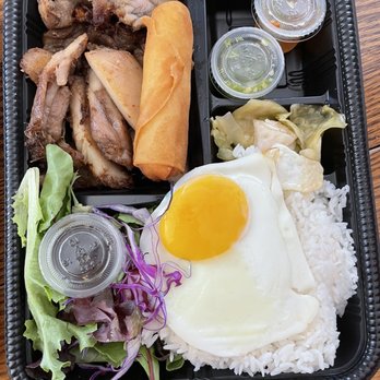 Amazing Basil - B1 grilled lemongrass chicken with rice & sunny side egg  - comes with green salad, veggie imperial roll, house made Thai & jalapeño sauce - Asian Fusion Near Me - Fremont, California
