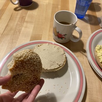 Goldie’s Bagels - Coffee with a sesame bagel and the house made vegan cream cheese spread. Super tasty! - Delis Near Me - Columbia, Missouri