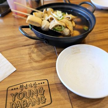 Young Dabang - Fishcake Skewer Soup (Cute logo on table and dishes) - Korean Near Me - Irvine, California