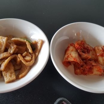 Koreana - Two sides: fish cakes and zesty kimchi! - Korean Near Me - Galesburg, Illinois