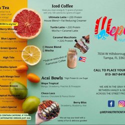 Menu Page 2 of 2. Energy drinks, herbal teas. Iced coffee, hot coffee, latte, macchiato. Protein waffles. Acai bowls. Boba Tea