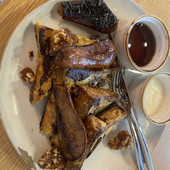 Eggspresso - Pain Perdu complimented by charred pear and candied walnuts. - Breakfast & Brunch Near Me - Fullerton, California Eggspresso - Pain Perdu complimented by charred pear and candied walnuts. - Breakfast & Brunch Near Me - Fullerton, California