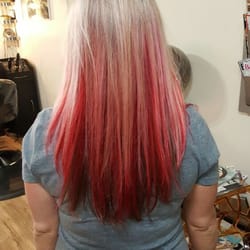 Blond highlights with cherry/red inlay and chocolate on the bottom. Cherry sundae with whipped Ream on top.