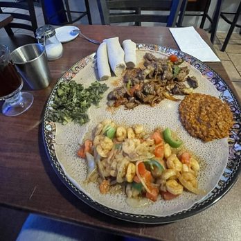 Abuare  Restaurant - Shrimp, awaze tibs, Miser wot (red lentil stew), collard greens. Spiced Tea. - Ethiopian Near Me - Washington, DC, District of Columbia