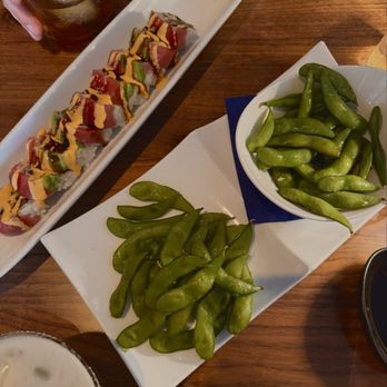 Bluefins Sushi & Sake Bar - Cucumber martini, edamame, Red Sox roll, and Japanese whiskey sour. - Sushi Bars Near Me - Chatham, Massachusetts Bluefins Sushi & Sake Bar - Cucumber martini, edamame, Red Sox roll, and Japanese whiskey sour. - Sushi Bars Near Me - Chatham, Massachusetts