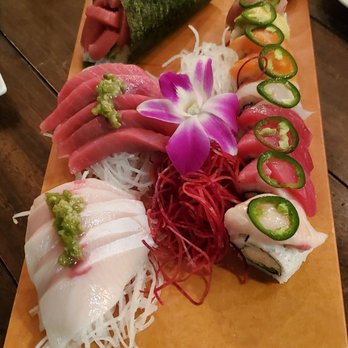 @Sushi - Blue Gin Tuna, Fatty Yellow Tail Sashimi, Tuna Handroll, and Rainbow roll with Jalapeño added on to. So gooooood!! - Sushi Bars Near Me - Long Beach, California