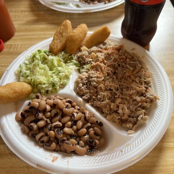 Grady's BBQ - Small barbecue plate with slaw and black eyed peas and cornbread. - Barbeque Near Me - Indian Springs, North Carolina Grady's BBQ - Small barbecue plate with slaw and black eyed peas and cornbread. - Barbeque Near Me - Indian Springs, North Carolina