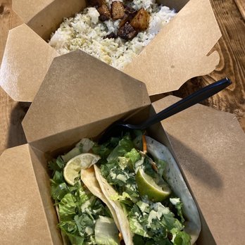 Coco Shrimp - Bryan Ave - Coco shrimp tacos with a side of seasoned rice and grilled pineapple - Hawaiian Near Me - Fort Worth, Texas